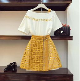 2020 New Fashion Summer Women's Letter Embroidery Off Shoulder Cotton Long T-shirt + Lacing up Hollow Lace Skirt 2 Pieces Set CX200702