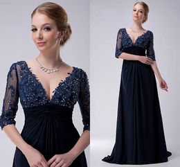 2020 New Navy Blue Mother Of The Bride Dresses A-line Half Sleeves Chiffon Lace Beaded Long Elegant Groom Mother Dresses Wedding Party