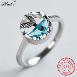 Fashion-Solid s925 Sterling Silver Mermaid Rings For Women Aquamarine Crystal Engagement Ring Cute Fairy Charm Wedding