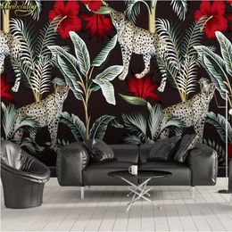 beibehang Custom 3d wallpaper Nordic minimalist red flowers cheetah tropical leaves TV sofa background wall papel de parede