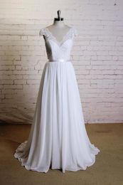 2020 Simple Boho Wedding Dresses Modest With Cap Sleeves A-line Lace Chiffon Beach Bridal Gowns Elegant For Summer Wedding Custom Made