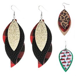 Christmas European style Hot Sale Girl Eardrop Accessories Gift PU Leather Jewellery Multi-storey Print Pendant Feather tassels earrings