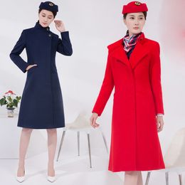Air China CAAC stewardess overcoat women winter long uniform slim knee Length Robe Coat woollen Flight stewardess Clothing Lady