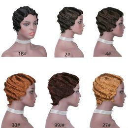 Dark Brown Ocean Wave Short Pixie Cut Brazilian Remy Human Hair Glueless Bob Wigs For Black Women #4 Full Finger Wave Machine Made Wig
