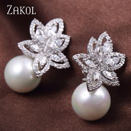 Fashion-Exquisite Cubic Zirconia Flower Stud Earrings Imitation Pearl Luxury Jewelry For Bridal Accessories FSEP185