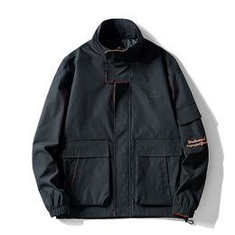 Fashion- Mens Jacket Windbreaker Embroidery Casual Fashion Jacket Stand Collar Mens Clothing Jackets Balck Grey Large Size S-2XL