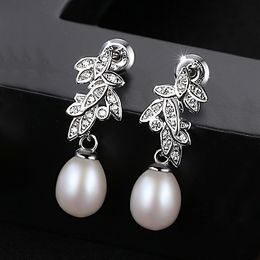 Fashion-Zirconia Pave Leaves Style 925 Sterling Silver High Qulity Fashion Jewelry Pearl Dangle Earrings For Women JPSE055