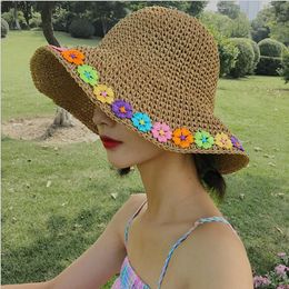 Summer Hats For Women Colourful flowers Handmade Straw Hat Foldable Panama Beach Hat Ladies wide brim Sun Chapeu Feminino3407