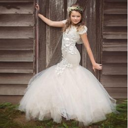 New Mermaid Flower Girl Dresses Trumpet Girls Pageant Gowns Kids Communion Gown for Children Short Sleeve fille Custom Size