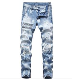 Мужские рваные джинсы скинни стрейч рваные джинсовые брюки с молнией новый дизайн мужские синие деминовые джинсы