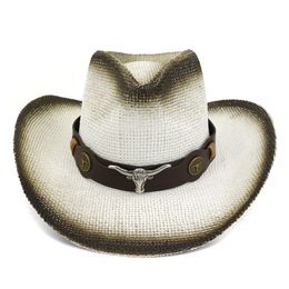 Black Spray-painted Paper Straw Cowboy Hat Bull Head Leather Band Decor Men Women Large Brim Panama Jazz Sun Cap Carnival Sunhat