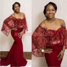 Trendy Nigerian Mermaid Lace Evening Dresses Bead Sash Off Shoulder Arabic Pageant Gowns African Prom Dress Celebrity Plus Size Formal Party