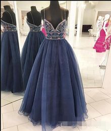 Blue Beaded Navy Prom Dress Spaghetti Straps Crystals Beading A Line Backless Floor Length Custom Made Formal Evening Gowns