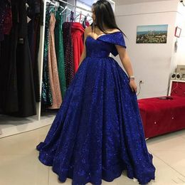 2024 Sexy Royal Blue Sequined Mermaid Prom Dresses Off Shoulder Cap Sleeve Open Back Sweep Train Formal Party Dress Pageant Evening Gowns 403