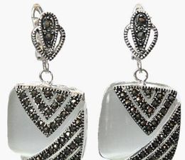 Free Shippig Fancy lady's 925 Silver Hook clear opal Marcasite Square Earrings 1"