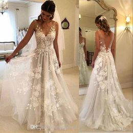 Sexy Summer Beach A Line Wedding Dresses Illusion V Neck Lace 3D Floral Appliques Open Back Sweep Train Plus Size Formal Bridal Gown