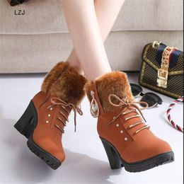 Hot Sale-2019 Ankle Boot Women Warm Plush Snow Booties Winter Lace Up Crystal Design Woman Fashion Shoes High Square Heels Size 35-41