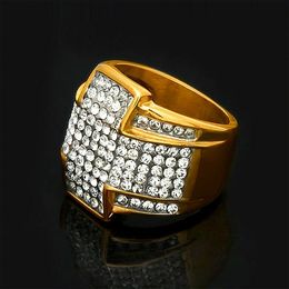 New Fashion Gold Stainless Steel Mens Bling Diamond Cross Finger Band Rings Hip Hop Ring Rock Punk DJ Rapper Jewellery Gifts for Men Wholesale