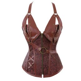 Steampunk من مشد فو الجلود سخرية clubwear الدانتيل يصل الجوفاء مع سلاسل القوطية كرنفال الملابس زائد حجم 6xl Y19071901