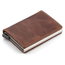 Automatic Vintage Men's Genuine Leather Holder Retro Aluminum Alloy Business Male ID Cardholder Mini Wallet Purse