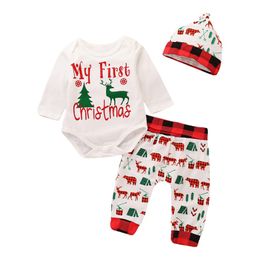 Weihnachtsbaby-Kleidung Baby Boy Brief Body Plaidhosen Hut 3pcs Set Überprüfen Neugeborenes Mädchen Bodys Weihnachtsbabykleidung DW4497