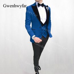 Gwenhwyfar Royal Blue Suit Men Peaked Lapel Groom Tuxedos Mens Suits Slim Fit Wedding Best Man Blazer Pants and Vest 3 pieces