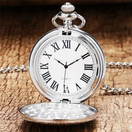 Antique Silver Smooth Case Men Women Quartz Pocket Watches Fashion Thick Chain Necklace Watch for Unisex Gift