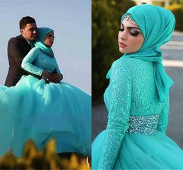 Gothic Turquoise Ball Gown Muslim Wedding Dresses Saudi Dubai Girls Beaded Crystal Belts High Neck Long Sleeve Wedding Gowns African Bridal