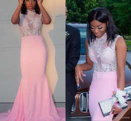 Amazing Slim Pink Mermaid Prom Dresses High Neck Appliques Beads Crystal Long Formal Evening Party Gowns for Sweet 16 Customized