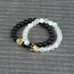 New Couples Jewellery Cz Crown Bracelets Wholesale 5 sets/lot 8mm Natural Matte Onyx & Flash Beads Beaded Bracelet For Love