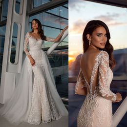 Oksana Mukha Wedding Dresses Long Sleeves Backless Detachable Train Castle Bridal Gowns Lace Appliques Beads Mermaid Wedding Dress