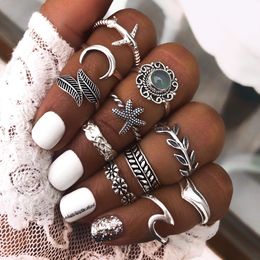 -Anello anello dito stile Boho di Boho Stati Uniti Retro con Blue Stone Joint Knuckle Nail Anello di Dichiarazione Set per le donne ragazze
