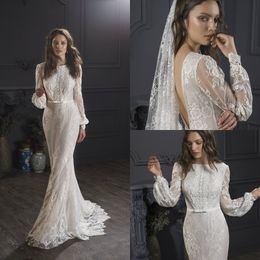 2019 Lihi Hod Mermaid Wedding Dresses Jewel Neck Sweep Train Backless Beach Boho Wedding Dress Custom Made Lace Bridal Gowns Long Sleeves