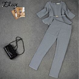 New 2018 Spring Autumn Fashion Women's Business Pants Suits Houndstooth Checker Pattern Ruffles Suits For Women 2 Pieces Set