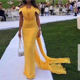 New Fashion Yellow Cheap Simple Sheath Prom Dresses With Wraps Off Shoulder Satin Floor Length Formal Dress Evening Party Gowns robe
