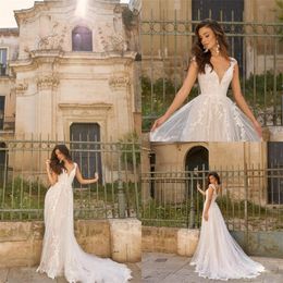 newest aline boho wedding dresses vneck sleeveless appliqued lace ruched tulle bridal gown custom made sweep train bridal dress