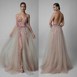 Berta Beaded Backless Evening Dresses Appliqued Sheer Deep V Neck Sequined Side Split Prom Gowns Tulle Plus Size Formal Dress 415