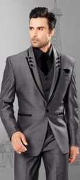 Excellent Dark Grey Groom Tuxedos Peak Lapel Groomsmen Mens Wedding Dress Man Jacket Blazer Business Suit(Jacket+Pants+Vest+Tie) 1679