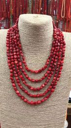 Hand knotted natural 5 strands lentil red coral necklace noble atmosphere 43-53cm