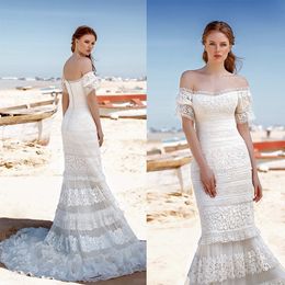 boho mermaid wedding dress cheap offshoulder applique lace bridal dress sweep train beach custom made vestidos de novia hot sell