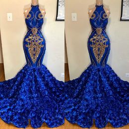Royal Blue Mermaid Prom Dresses High Neck Gold Appliques Sequined Flowers Ruffles Evening Gowns Plus Size Arabic Special Occasion Dress