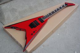 Factory Custom V Shape Red Electric Guitar With Black Strip ,Floyd Rose Bridge,White Binding Neck,Can be customized