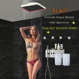 Bathroom Concealed Thermostatic Shower Set Multifunctional Panel Faucet LED Ceiling Shower Head 300x300 Rain Mist Massage jets
