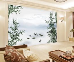Landscape fish play bamboo forest tv background wall modern wallpaper for living room