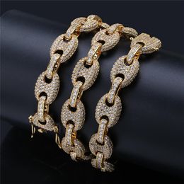 12mm Gold Silver Colour Iced Out CZ Coffee Bean Link Chain Necklaces for Mens Cool Personality Rapper Jewellery