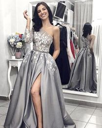 Silver One Shoulder Evening Dresses 2019 Saudi Arabia Dubai Appliques Split Holiday Wear Formal Party Prom Gowns Plus Size