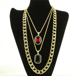 Fashion- Hip Hop Necklace Jewellery New Ruby Pendant Necklace 3Pcs/Set Fashion Cuban Link Chain Jewellery Set