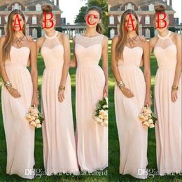 Vintage Pink Cheap Long Bridesmaid Dresses Mixed Neckline Flow Chiffon Summer Blush Bridesmaid Formal Wedding Guest Dress Maid of Honour Gown