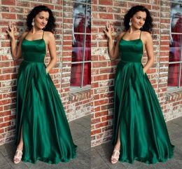 Emerald Green Soft Satin Prom Dresses Evening Gowns Halter Criss Cross Strap Open Back Special Occasion Dress For Women Party Form298B