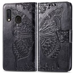 For Galaxy A20 E Case Made of PU Leather with Wallet Card Slots Punched Convex Flower Butterfly Hand Strap(A20e)